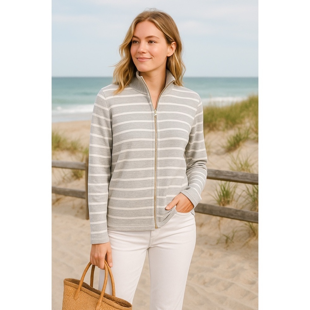 Tommy Hilfiger Womens Zip Jacket L Gray White Striped Cotton‎ Coastal Preppy